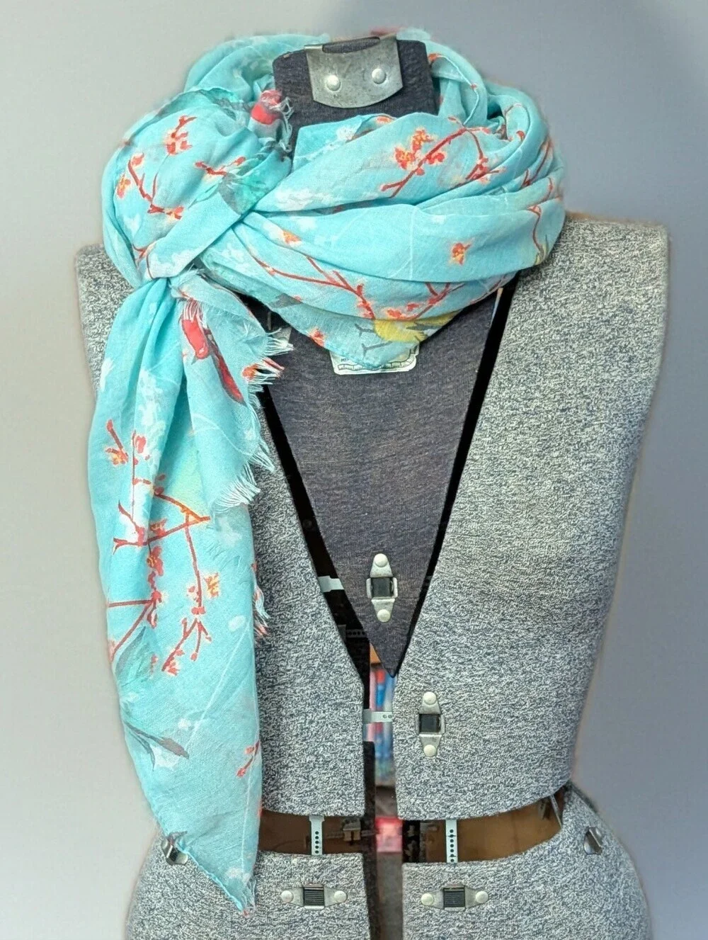 Vintage Style Turquoise Bird & Cherry Blossom Oversized Shawl Scarf Wrap 40